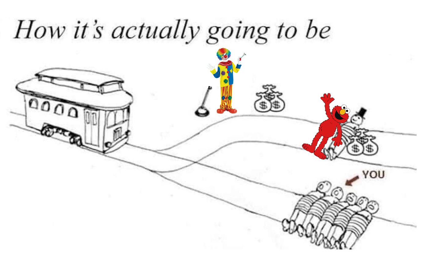 Okay, let's break down this rather unsettling image through several critical theory lenses. **Visual Description** The image is a stark, black and white cartoon depicting a classic trolley problem scenario. A trolley...
