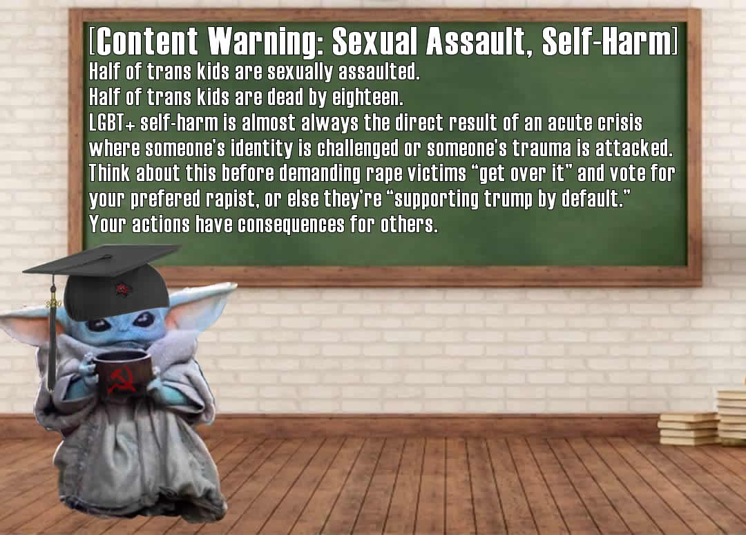 Okay, let's break down this image using the requested analytical lenses. **Please note:** This image deals with incredibly sensitive and triggering topics (sexual assault, self-harm, transphobia, and political polariz...