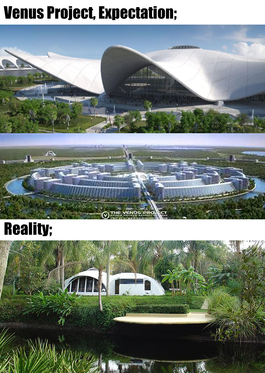 Okay, let's break down this image set of the Venus Project's aspirational design versus its actual manifestation, through the lenses you've requested. Note that some lenses will be more applicable or insightful than o...