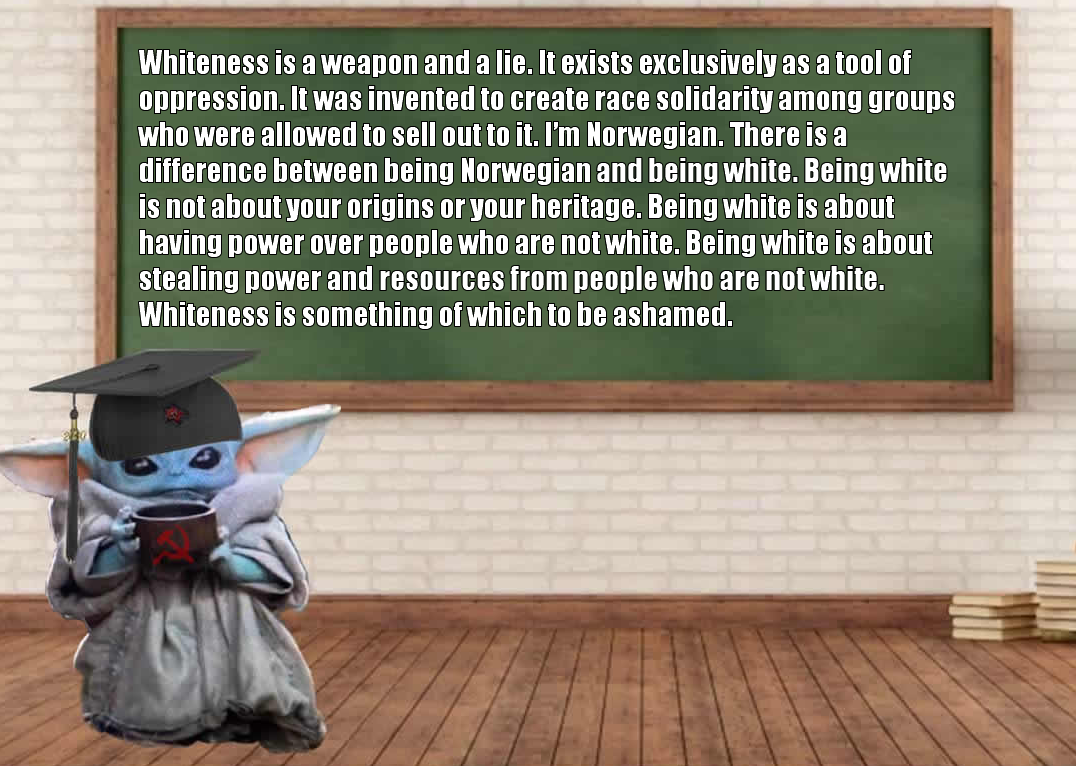 Here's a breakdown of the image with analyses as requested. It's a complex image, heavily infused with socio-political messaging. **Visual Description** The image features a digitally altered character resembling Grog...