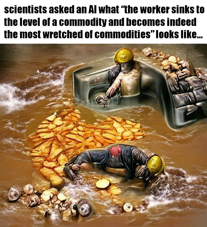 Okay, let's break down this image—generated by AI in response to the prompt "what 'the worker sinks to the level of a commodity and becomes the most wretched of commodities' looks like"—through a series of analytical...