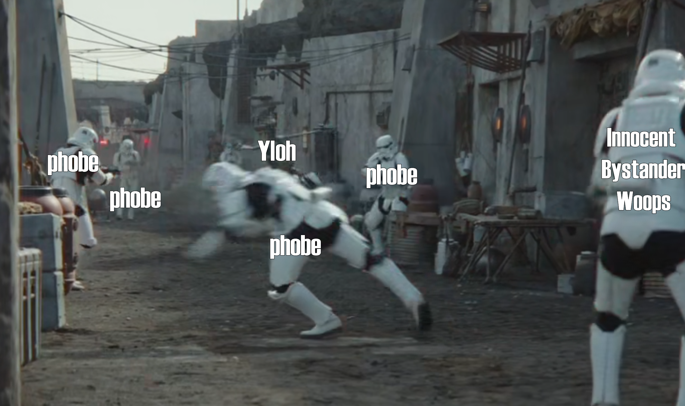 Okay, let's analyze this image with the requested theoretical frameworks. Given the labeling on the image ("phobe," "Yloh," "Innocent Bystander," "Woops"), we'll focus on how those terms *within the image's context* m...