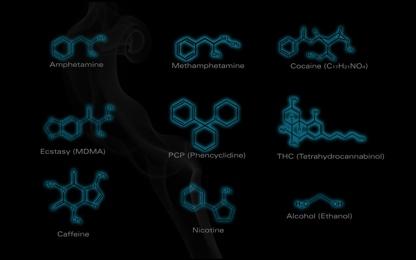 Okay, let's analyze the image of the molecular structures of various psychoactive substances, applying the requested theoretical frameworks where relevant. **Visual Description** The image depicts nine distinct molecu...
