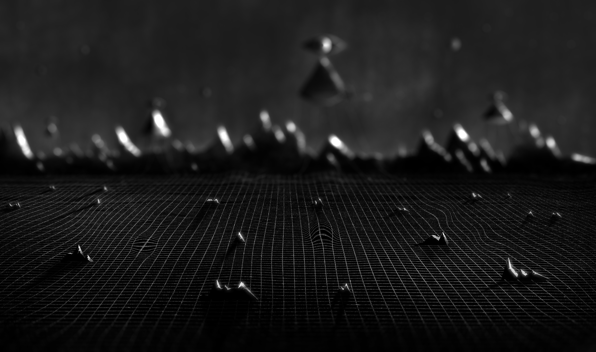 Okay, let's break down this intriguing image across the requested analytical lenses. **Visual Description** The image presents a stark, digitally rendered scene dominated by a dark, grid-like plane stretching into the...