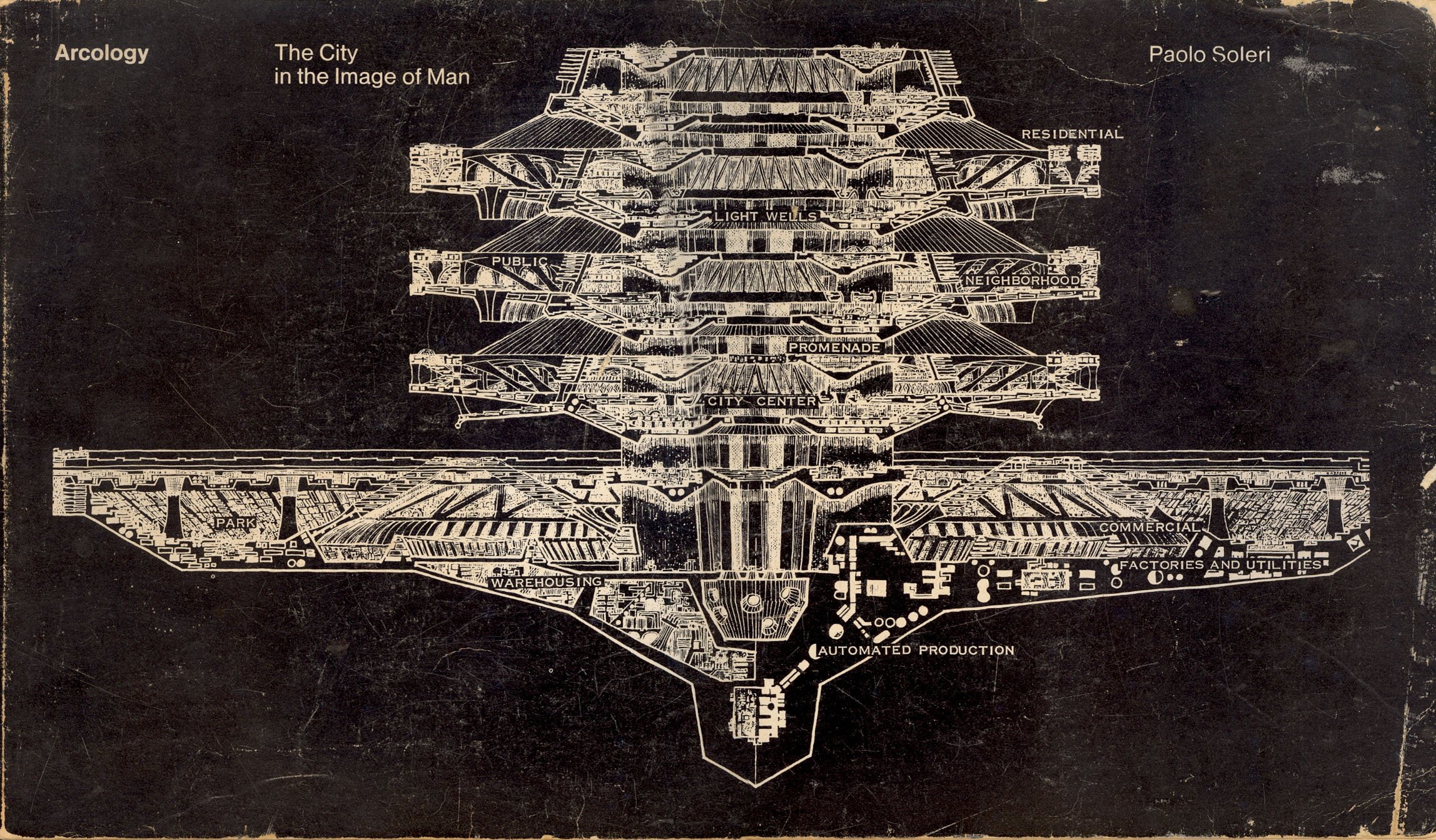 Okay, let's break down this striking image of Paolo Soleri's "Arcology" through the lenses you've provided. This is a complex image lending itself to many interpretations. **Visual Description** The image presents a h...