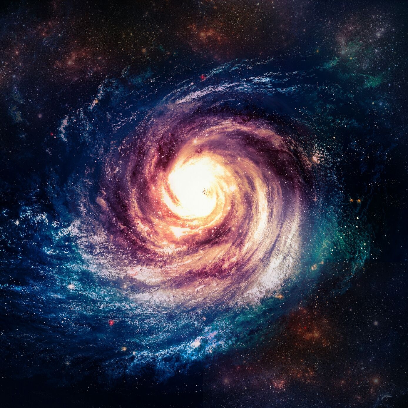 Okay, let's analyze the image provided through the lenses you've requested. I'll omit sections that don't meaningfully apply. **Visual Description** The image depicts a vibrant, swirling galactic core. A blindingly br...