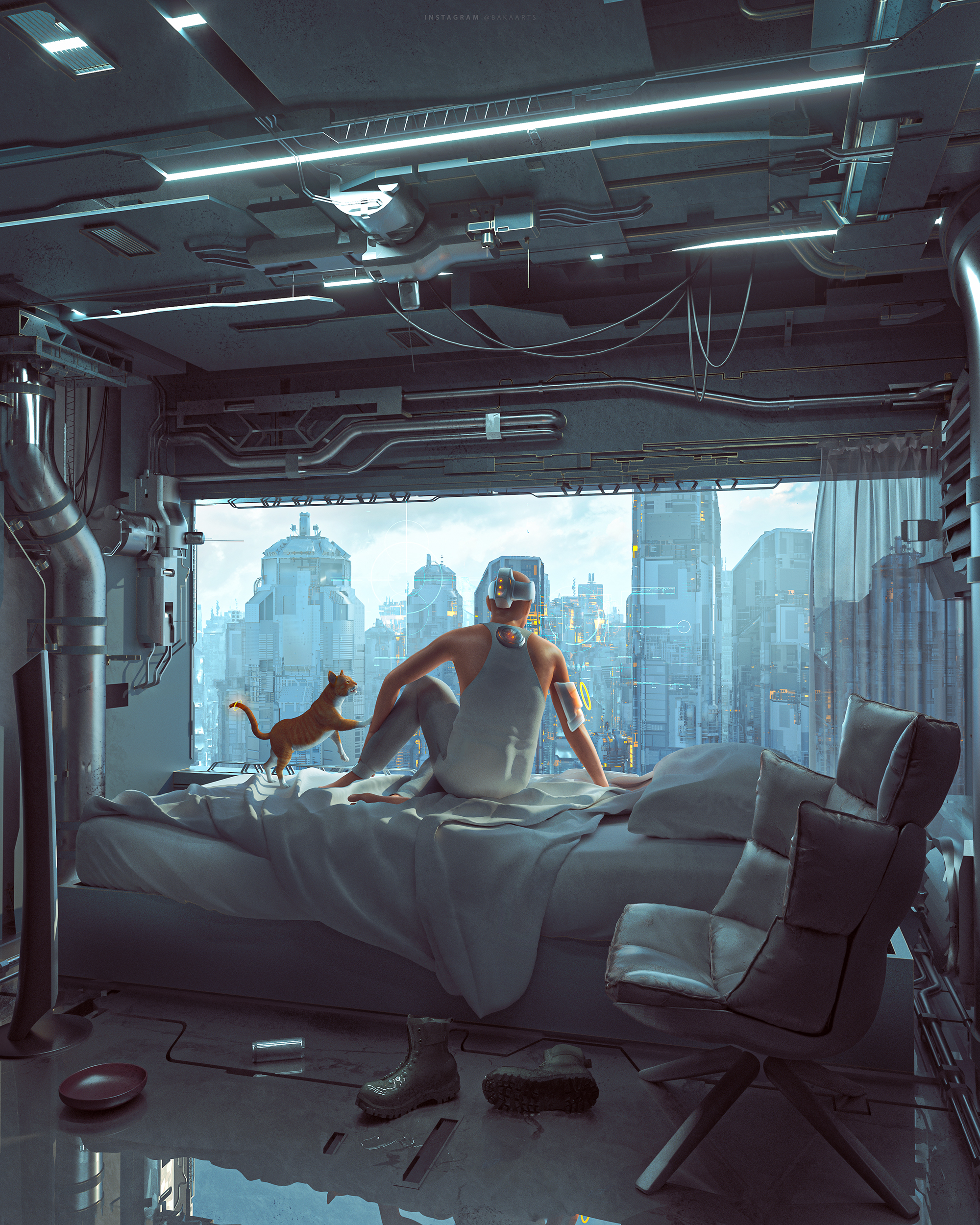 Okay, let's break down this fascinating image through the lens of various critical theories. ## Visual Description The image depicts a futuristic, slightly claustrophobic interior dominated by cool blues and grays. A...