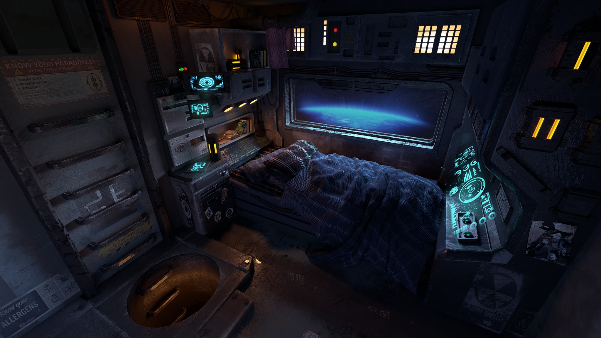 Okay, let's break down this intriguing image through several theoretical lenses. Here's a detailed analysis, sectioned as requested. **1. Visual Description** The image depicts a cramped, claustrophobic interior, most...