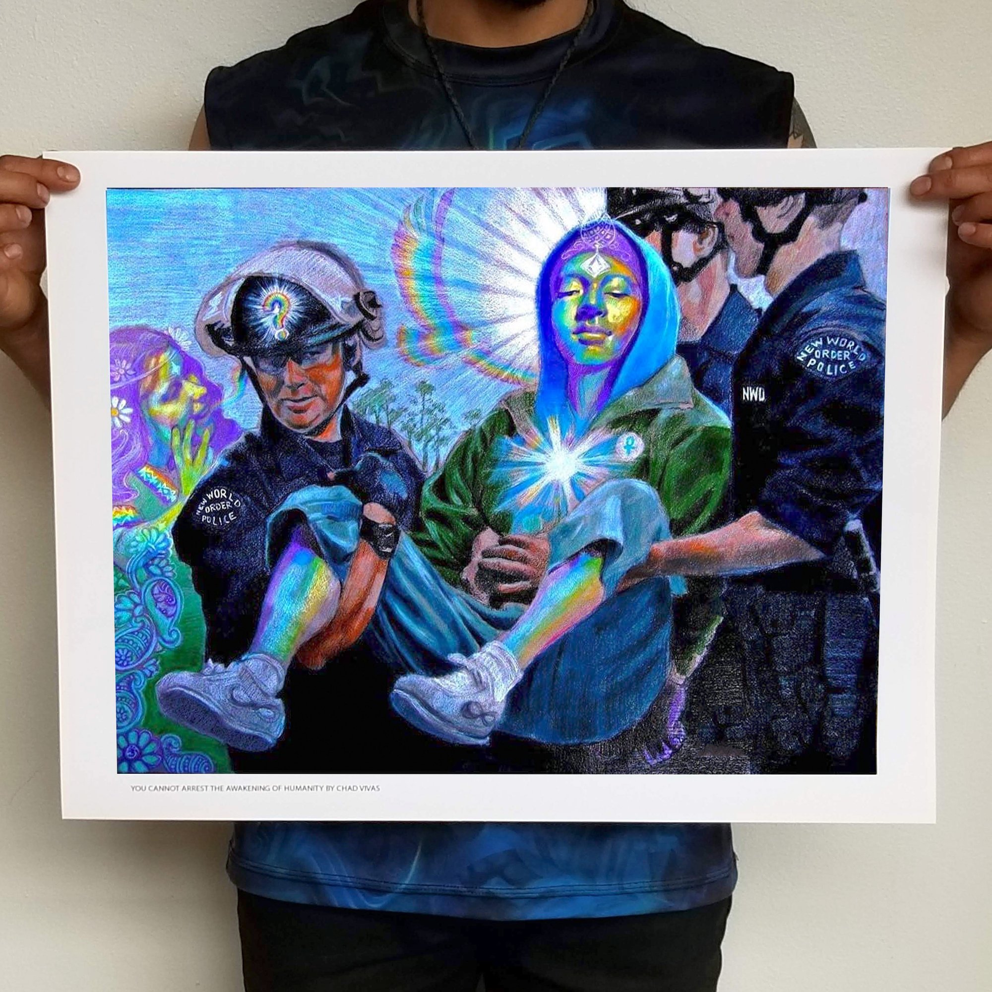 Okay, let's break down this artwork, titled "You Cannot Arrest the Awakening of Humanity" by Chad Vinas, through the lenses you've requested. I'll provide sections where those theories demonstrably apply. It's a compl...