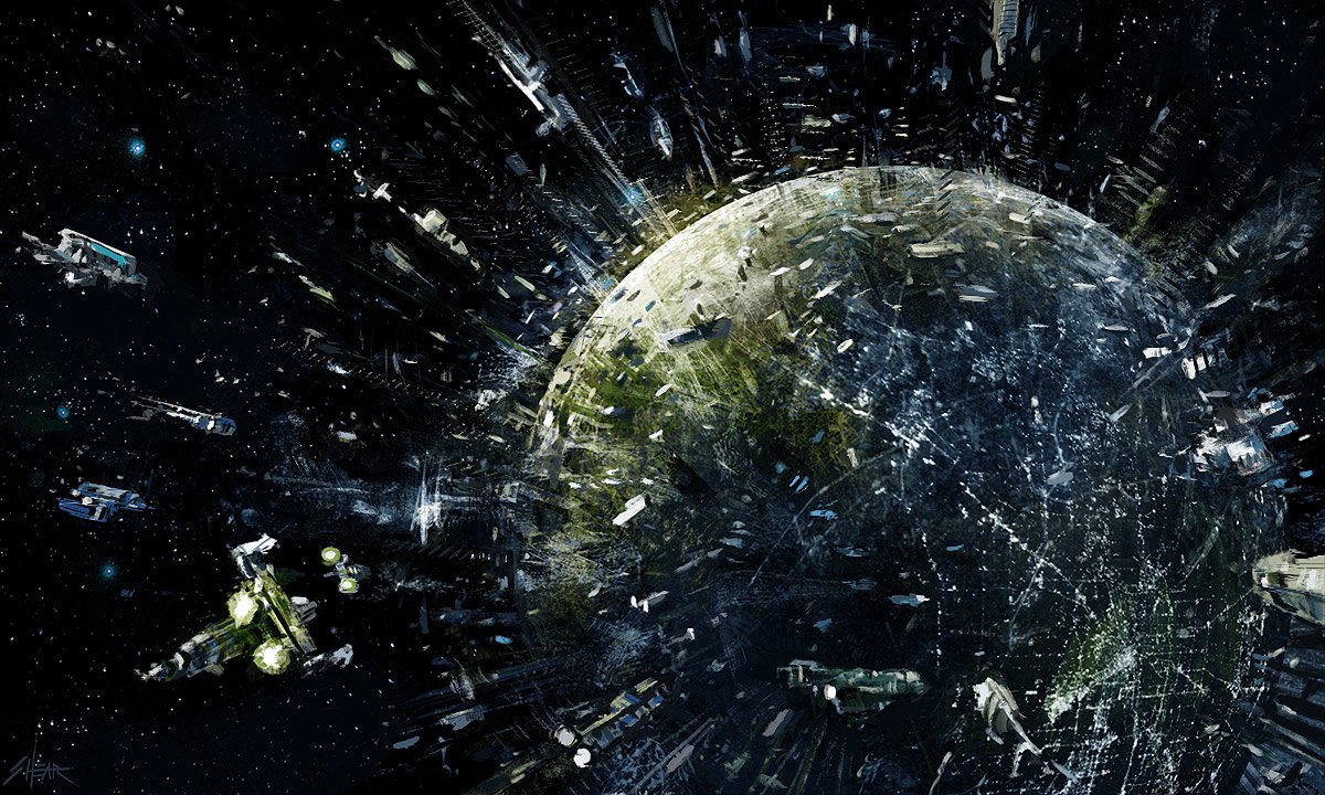 Okay, let's break down this dramatic space scene image through the lenses of several theoretical frameworks. ## Visual Description The image depicts a dramatic scene of orbital warfare or catastrophic destruction arou...