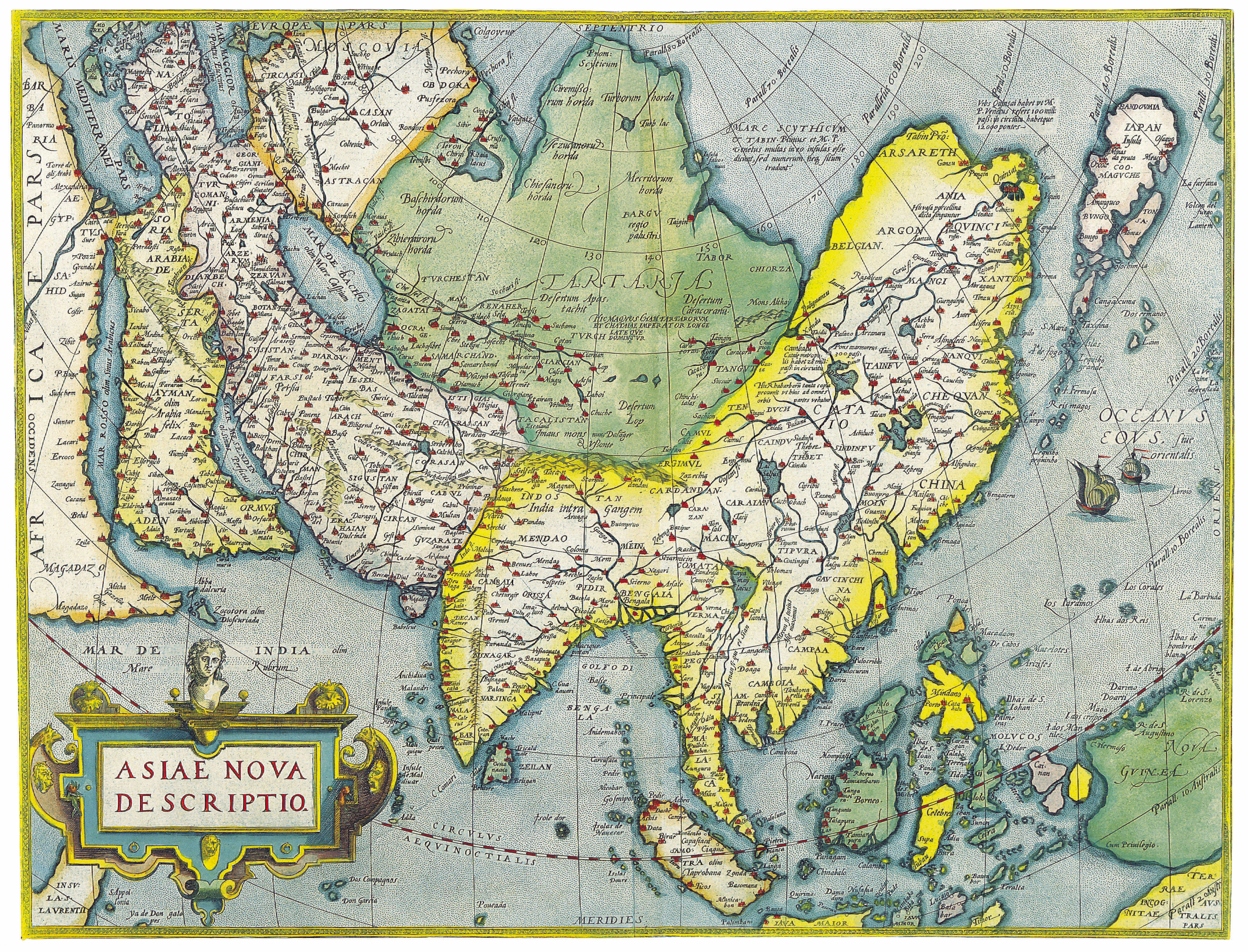 Okay, let's analyze this 17th-century map of Asia, "ASINE NOVA DESCRIPTIO" ("A New Description of Asia"), through several theoretical lenses. It's a rich visual document, and lends itself to fascinating critical explo...