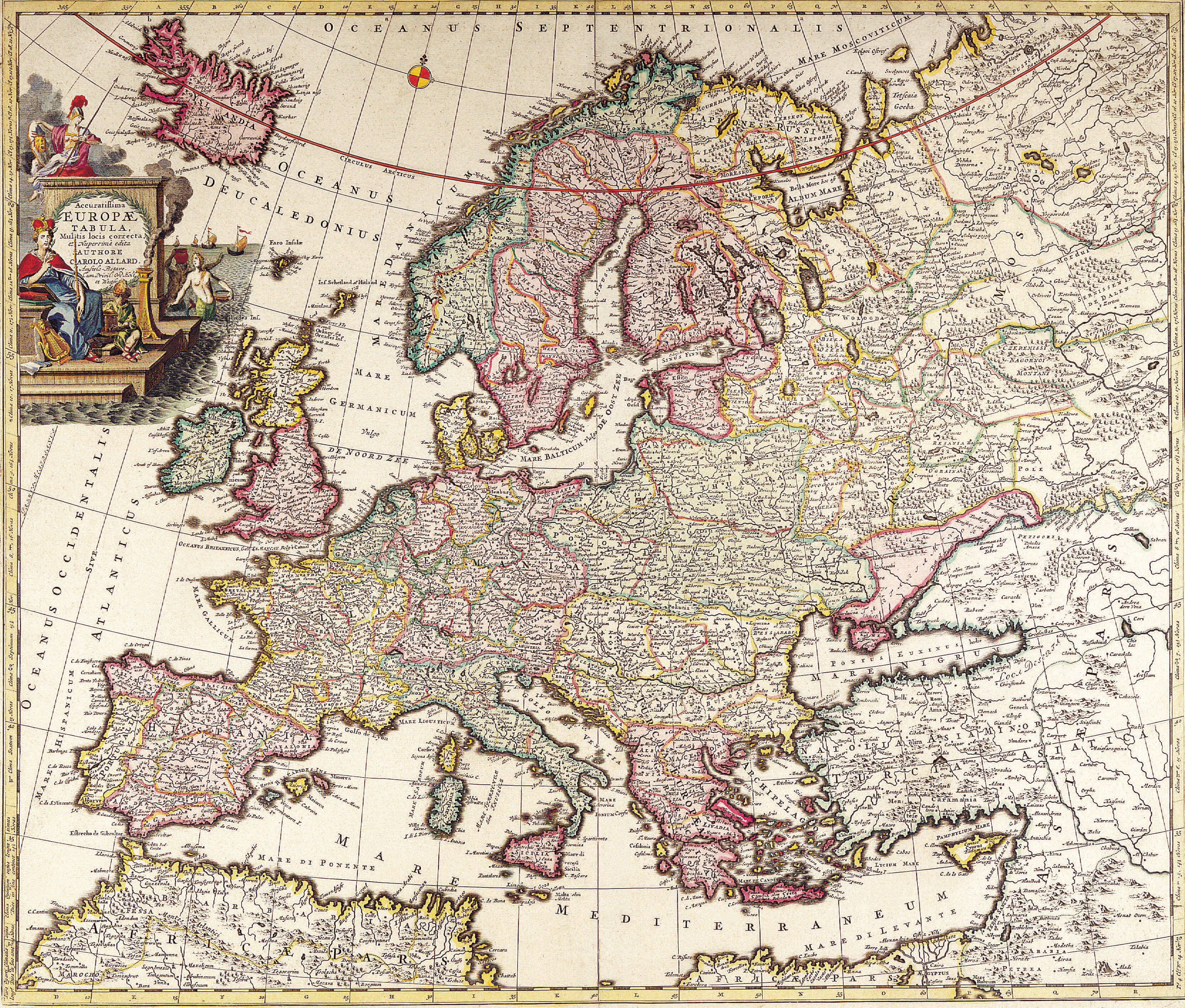Okay, let's break down this 17th/18th century map of Europe through several theoretical lenses. It’s rich in detail, making it ideal for complex analysis. ## Visual Description The image is a richly colored, antique m...