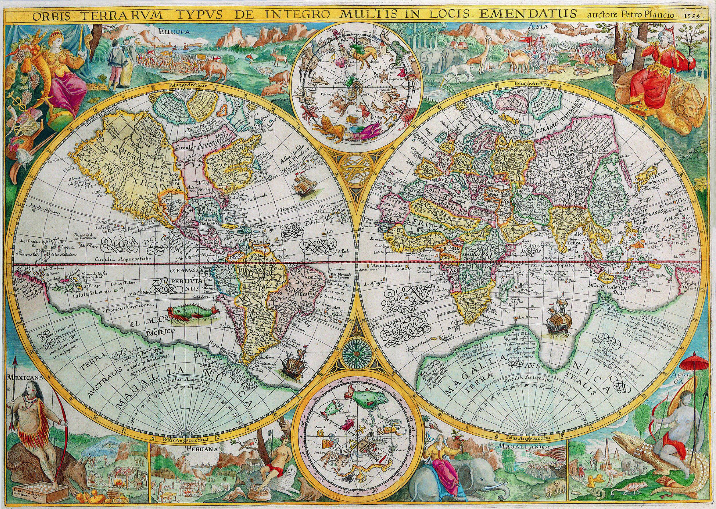 Okay, let's analyze this 1584 map ("Orbis Terrarum Typvs De Integro Multis In Locis Emendatus" by Petrus Plancius) through several theoretical lenses as requested. It's a rich visual and historical artifact, and each...