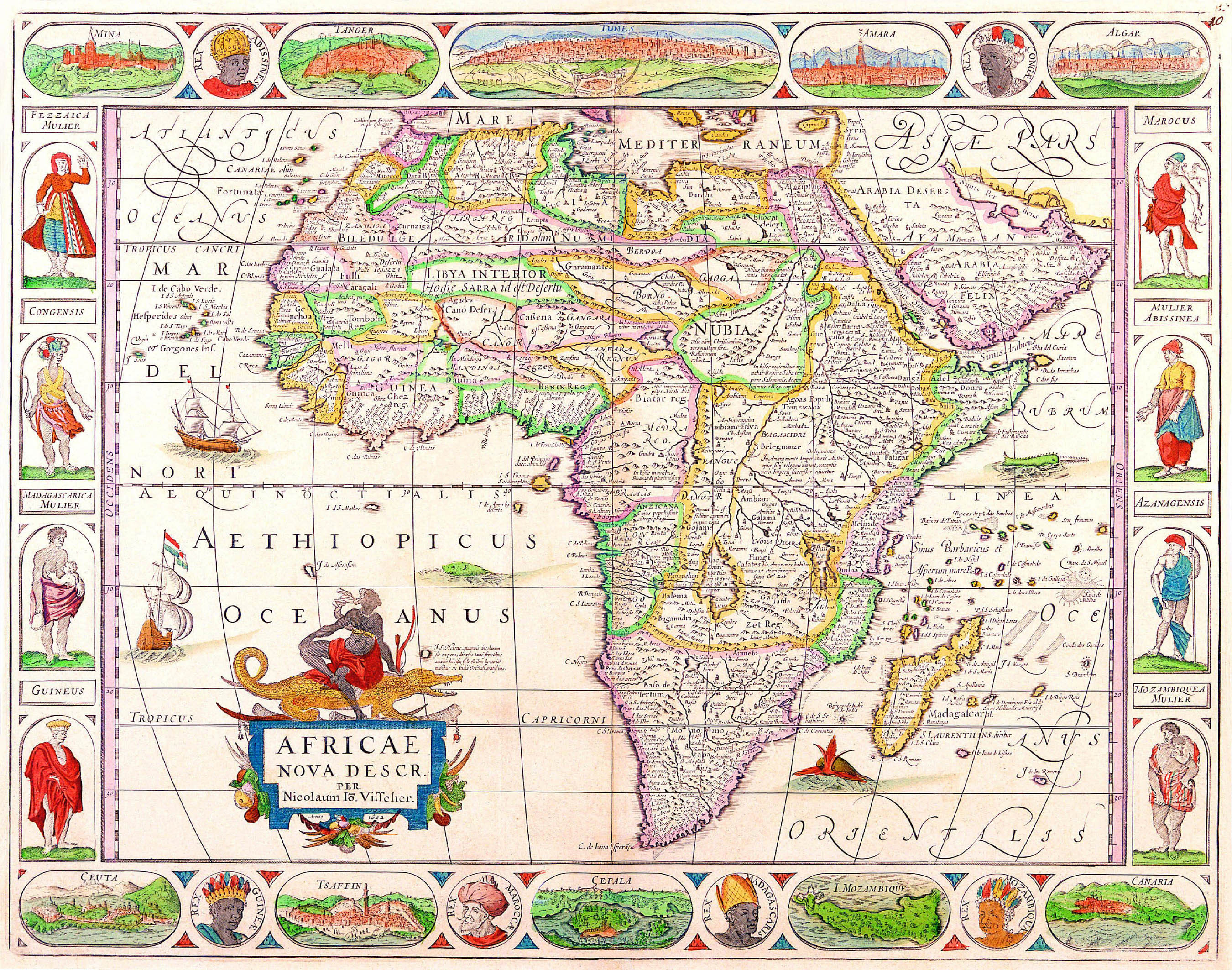 Okay, let's break down this 17th-century map of Africa ("Nova Descriptio Africae" by Nicolaus Visscher) through the lenses you've requested. It's rich with opportunities for various critical analyses. **Visual Descrip...