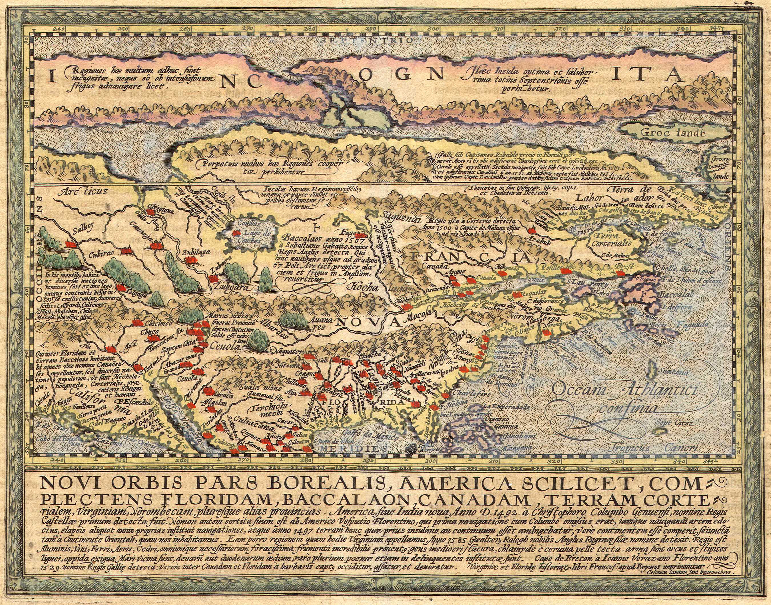 Okay, let's break down this fascinating (and loaded) map titled "Novae Orbis Pars Borealis, America, Silecet, Florida, Baccalao, Canadæ, Terrae Corte," published in 1604 by Heinrich Hondius, through several critical l...