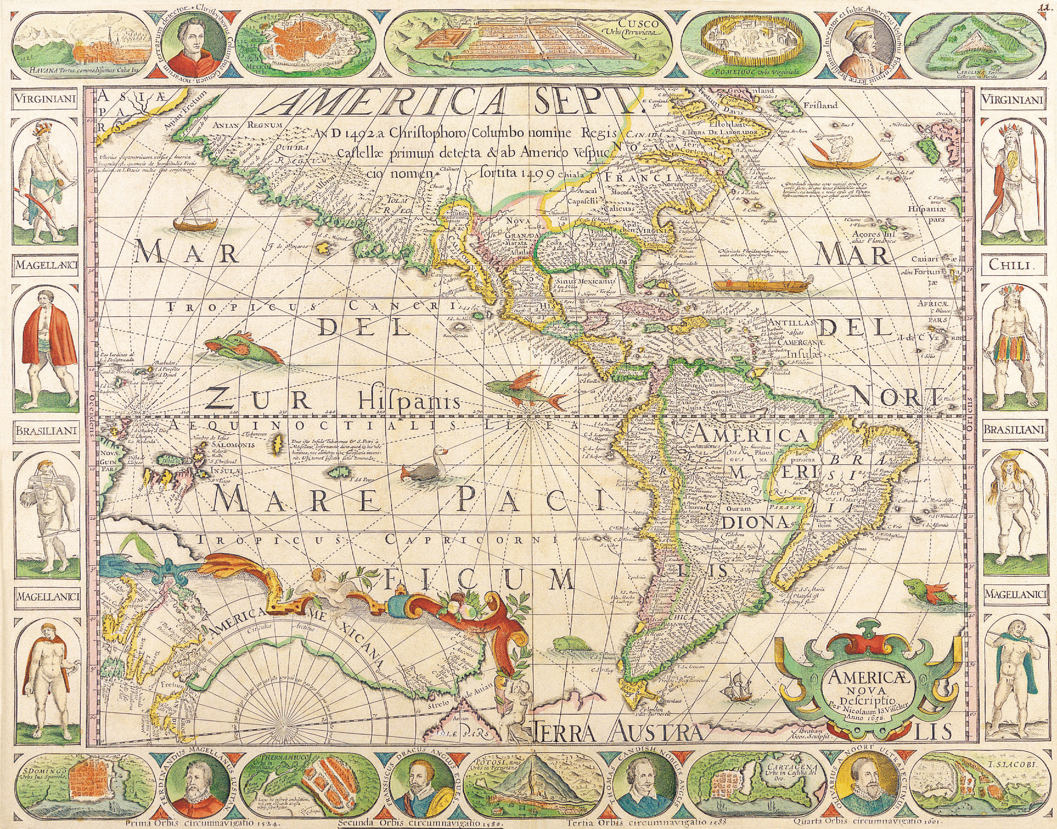 Okay, let's break down this 16th-century map of the Americas, titled "America Septentrionalis & Meridionalis" through several theoretical lenses. This is a complex image, so the analyses will be fairly detailed. **I....