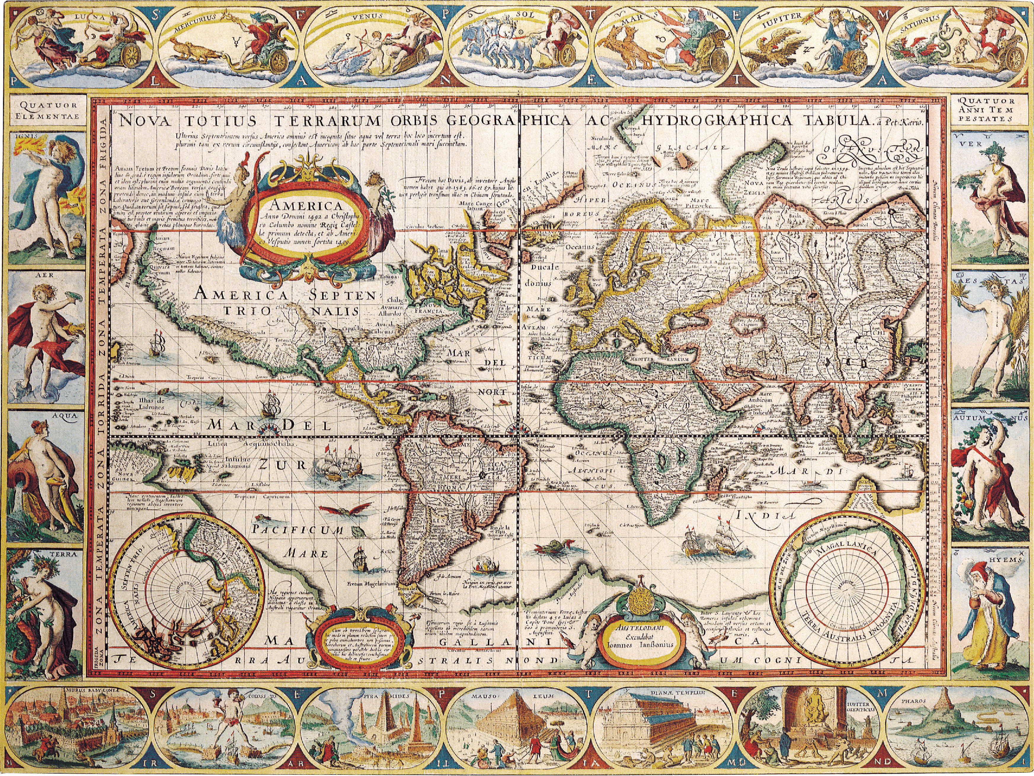 Okay, here's an analysis of the 17th-century world map, categorized into sections as requested. It's a rich image, so I'll aim for depth within the frameworks you've provided. **Please note:** These are interpretation...