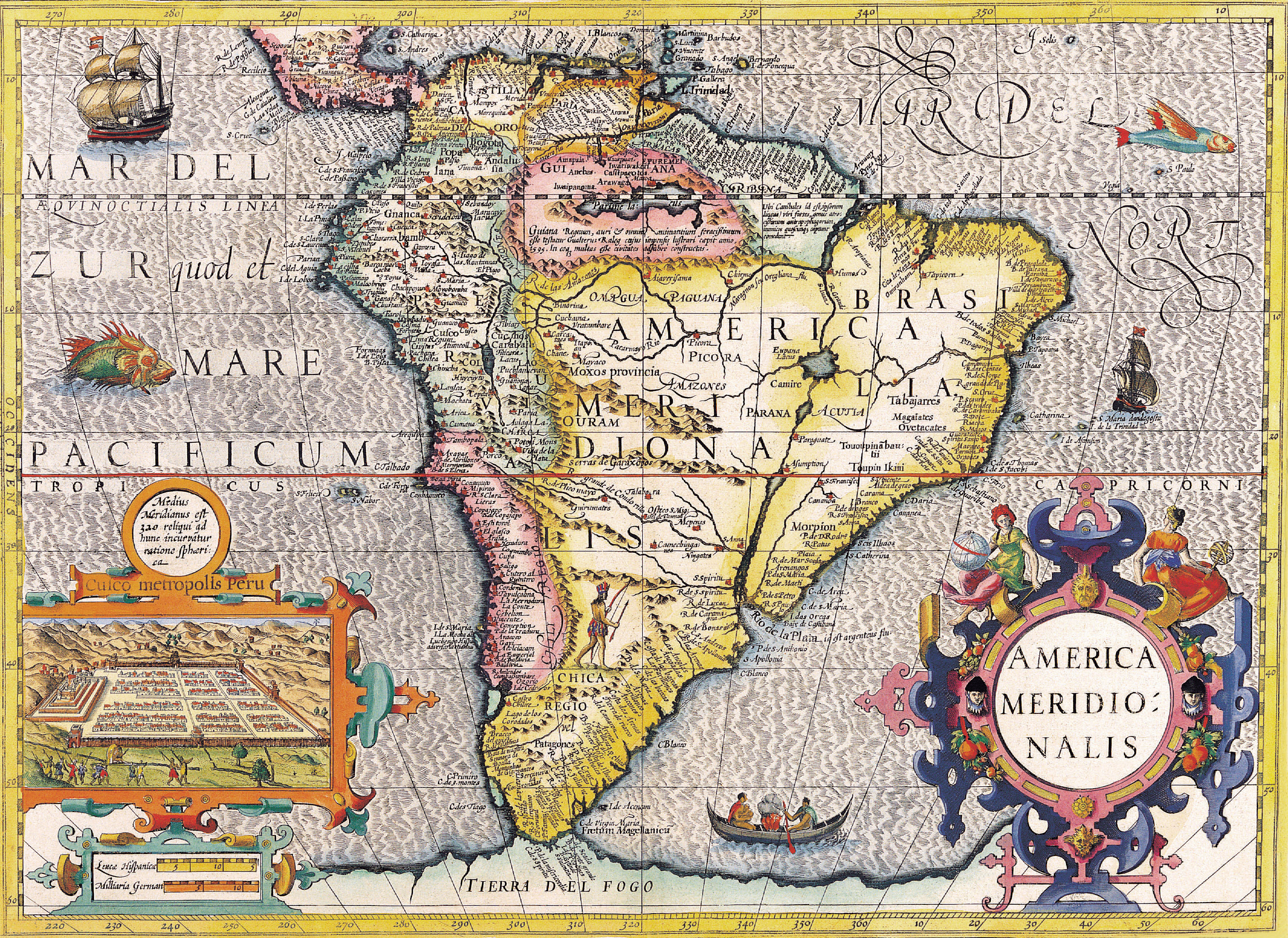 Okay, let's break down this 17th-century map of South America through several theoretical lenses. It’s a rich artifact, ripe for different approaches. ## Visual Description This is a hand-colored, antique map of South...