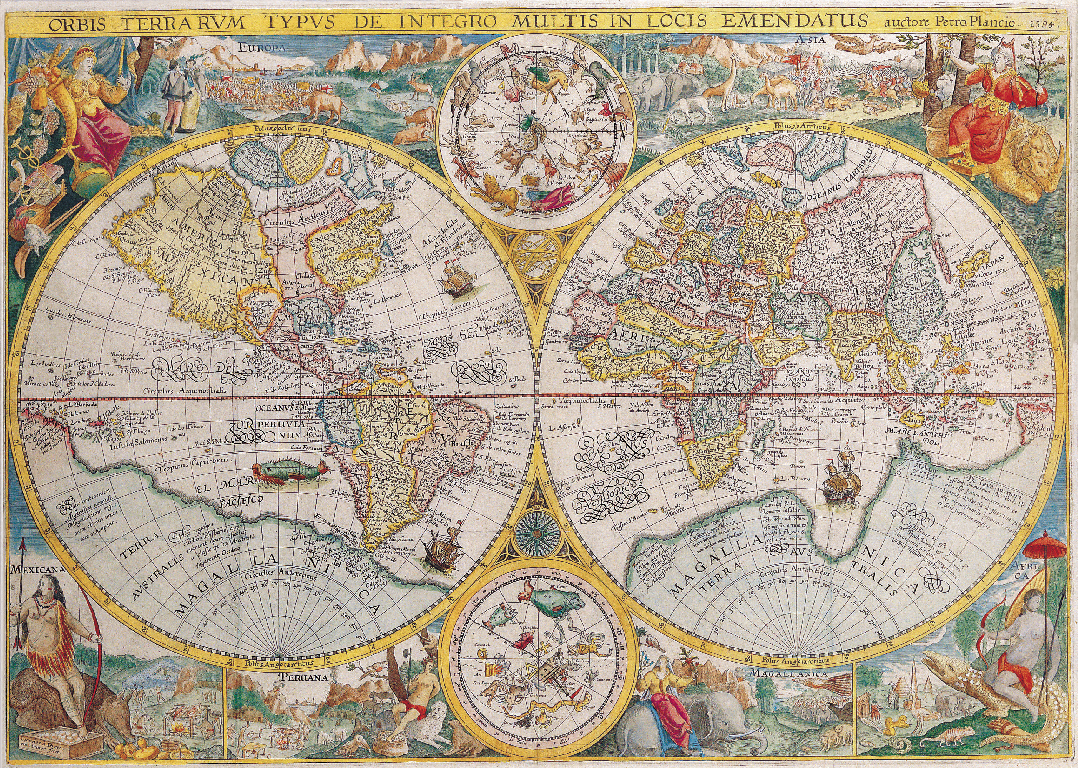Okay, let's break down this 1592 map ("Orbis Terrarum Typvs") by Petrus Plancius, applying the requested theoretical frameworks. It's a richly layered image, and many lenses are applicable. **I. Visual Description** T...