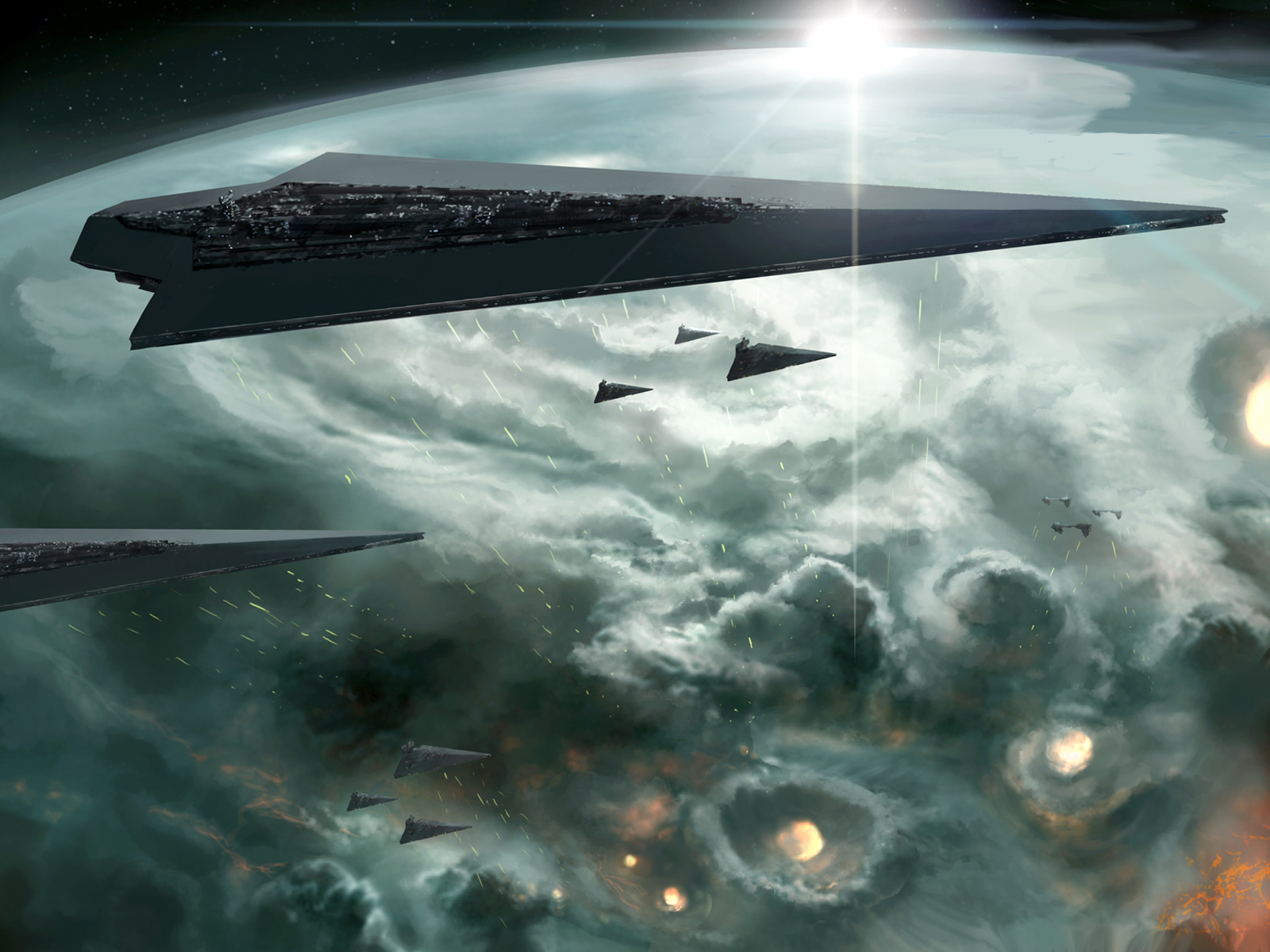Okay, let's break down this striking image through several theoretical lenses, as requested. This image appears to depict a scene from *Star Wars*, specifically featuring Imperial Star Destroyers and TIE fighters amid...