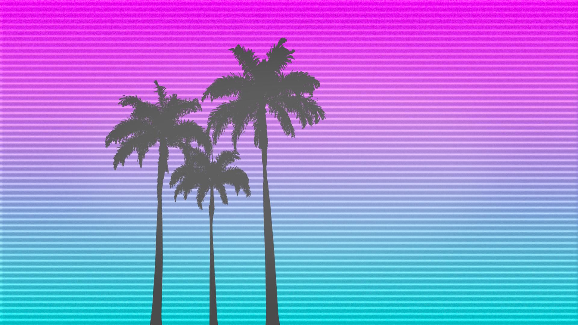 Okay, let's break down this image with the requested analytical frameworks. **Visual Description** The image depicts three silhouetted palm trees against a vibrant, gradient background. The background transitions from...