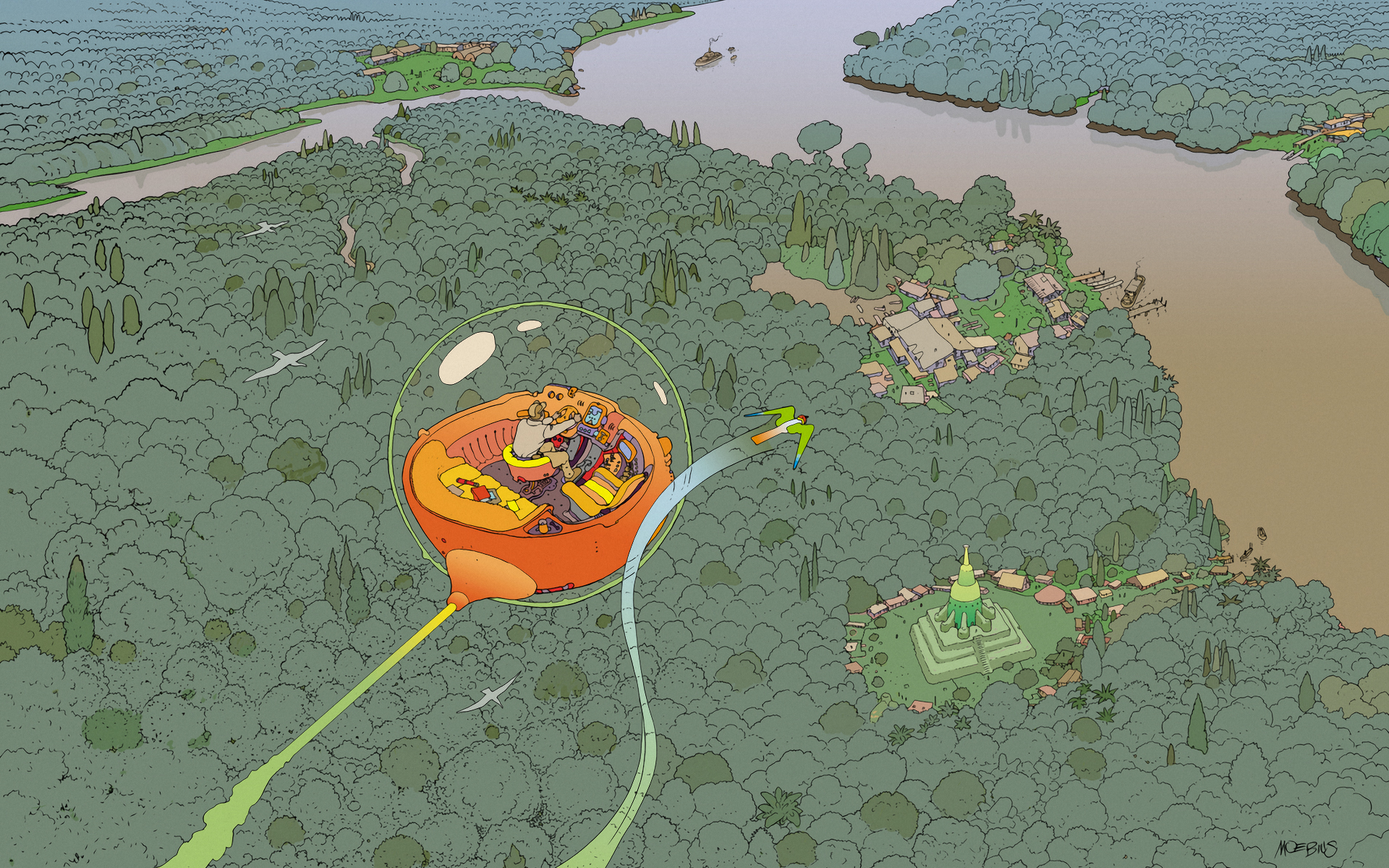 Okay, let's break down this fascinating image using the requested theoretical frameworks. **Visual Description** The image presents a highly stylized, overhead view of a landscape. The dominant feature is a large, cir...