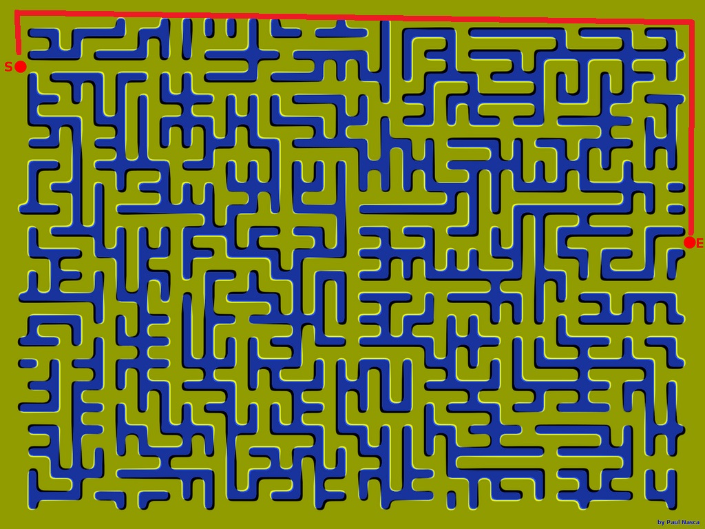 Okay, let's analyze this image of a maze through several theoretical lenses. **1. Visual Description** The image depicts a complex, rectangular maze. The maze is constructed of solid blue walls against a muted olive-g...