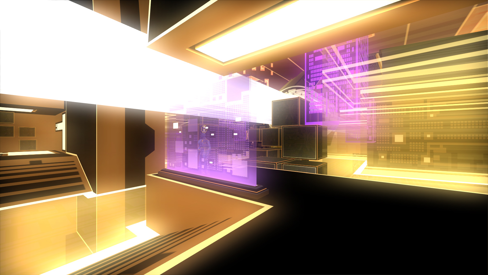 Okay, let's break down this image through various theoretical lenses. **Visual Description** The image depicts a strikingly futuristic and minimalist interior space. The dominant aesthetic is a high-contrast neon colo...