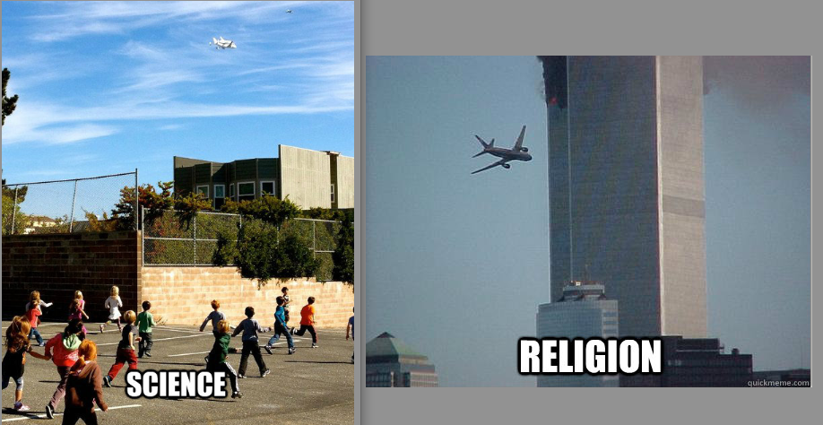 Okay, let's break down this image meme through various critical lenses. **Visual Description** The image is a side-by-side comparison, formatted as a meme. * **Left Panel (labeled "Science"):** Shows a vibrant outdoor...