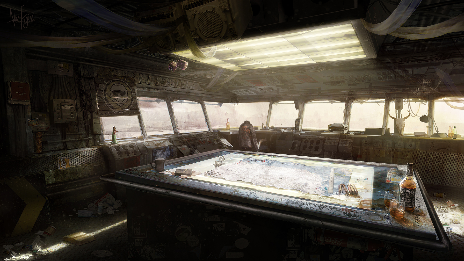 Okay, let's break down this image through various theoretical lenses. Here's an analysis, section by section, applying the requested frameworks where relevant. **Visual Description** The image depicts the bridge of a...