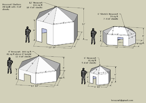 Okay, let's break down the image through various theoretical lenses. **Visual Description** The image depicts a technical drawing or diagram showcasing four different sizes of hexagonal, tent-like structures labeled a...