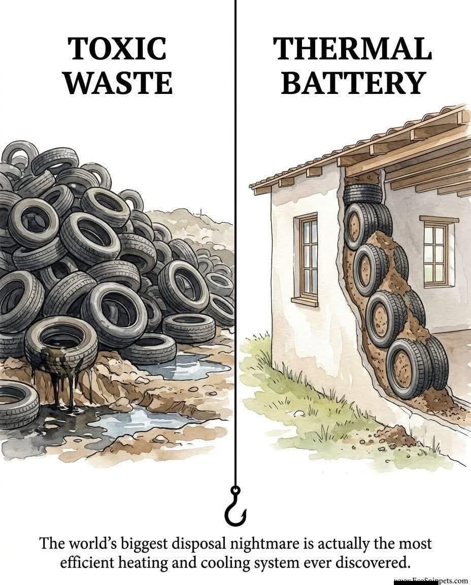On the left side of the image, "TOXIC WASTE" shows tires piled up and leaking oil, contrasting with the "THERMAL BATTERY" on the right. The tires are stacked vertically next to the house, acting as a heat reservoir. T...