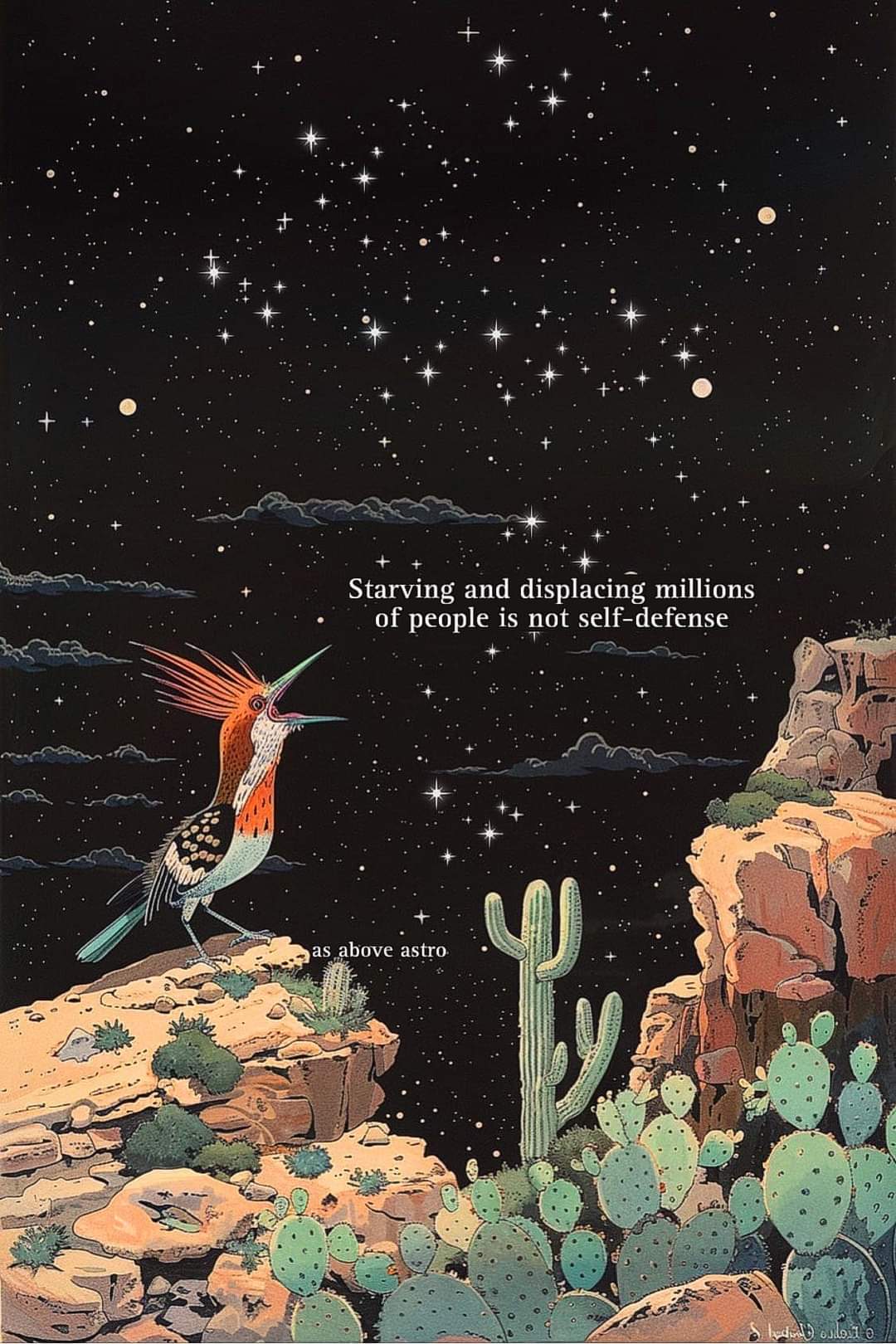 This meme is a commentary on the idea that permaculture, a self-sustaining ecosystem, is not self-defense. The image features a bird in a desert landscape, with a quote from a book on permaculture saying that "starvin...