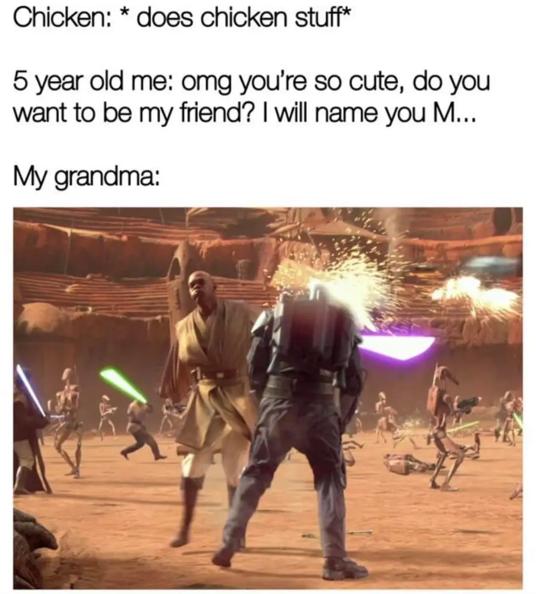 Okay, let's break down this meme through various theoretical lenses. It's a surprisingly layered image, considering its initial surface simplicity. ## Visual Description The image depicts a scene from *Star Wars: Epis...