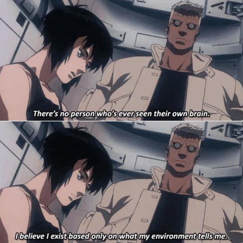 Okay, here's an analysis of the image and its dialogue, broken down into relevant sections. The image comes from *Ghost in the Shell*, a work steeped in philosophical and theoretical underpinnings, so there's a lot to...