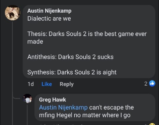 Okay, let's break down this social media exchange through the lenses you've provided. It's a surprisingly dense little interaction for a conversation about a video game! **Visual Description** The image depicts a Face...