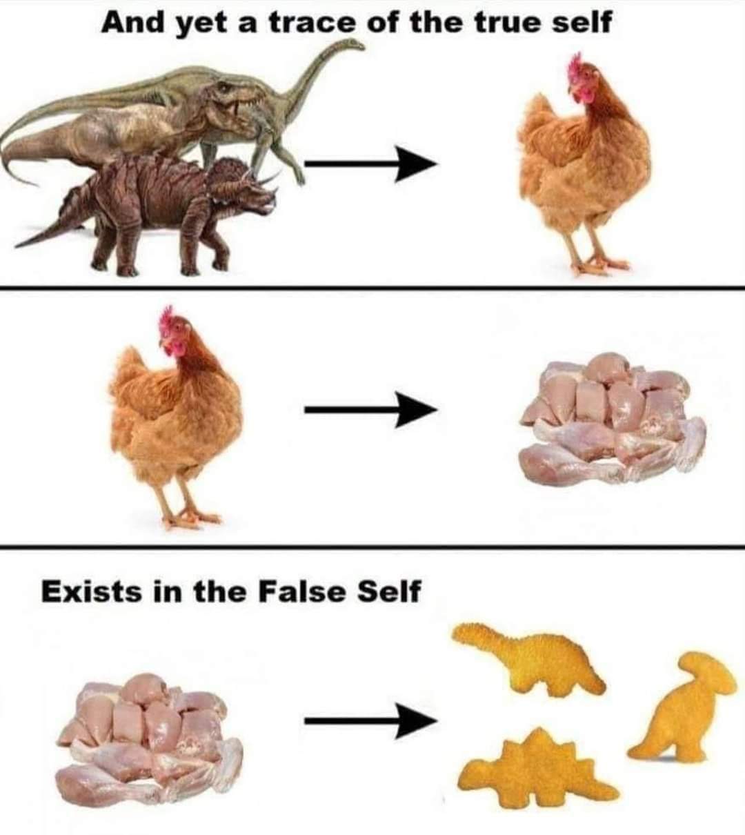 This meme is a post-modernist commentary on the nature of reality and identity. It presents a series of images, each with a text overlay, that subvert the idea of a fixed self. The first image shows a dinosaur and a c...