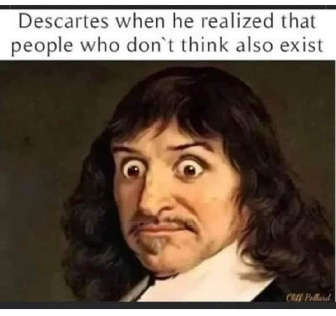 Okay, let's break down this meme using the requested theoretical frameworks. **Visual Description** The image is a digitally altered portrait of René Descartes, the 17th-century French philosopher. The original is lik...