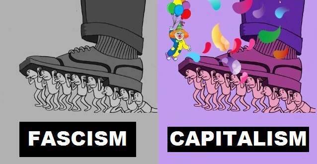 Okay, let's break down this image, applying the requested theoretical lenses where relevant. **Visual Description** The image is a diptych, split into two halves, each labeled with a political/economic system: "Fascis...