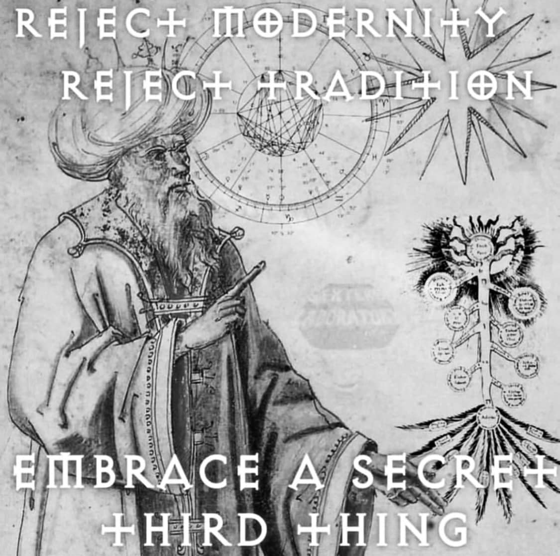 Okay, let's break down this image using the frameworks you've requested. It's a visually complex piece, and the accompanying text ("Reject Modernity, Reject Tradition, Embrace a Secret Third Thing") heavily implies a...