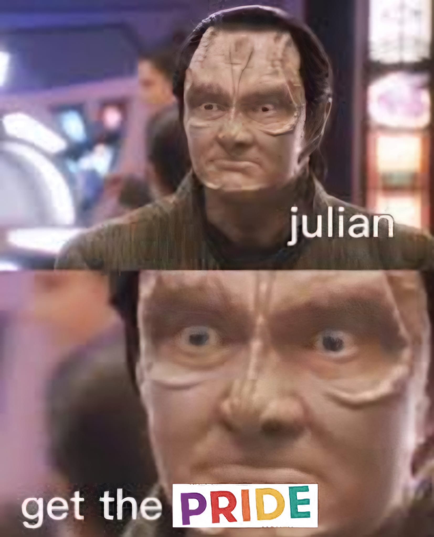 Okay, let's break down this image, applying the requested theoretical lenses where applicable. It's a meme featuring a digitally altered image of Julian, a character from the television show *Star Trek: Voyager*, and...