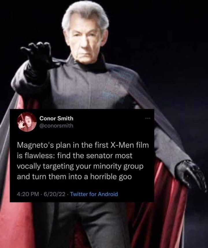 Okay, let's break down this image/tweet through several theoretical lenses. It's a darkly humorous post utilizing a still from the *X-Men* movie featuring Magneto. The core of the post is a suggestion that Magneto's p...