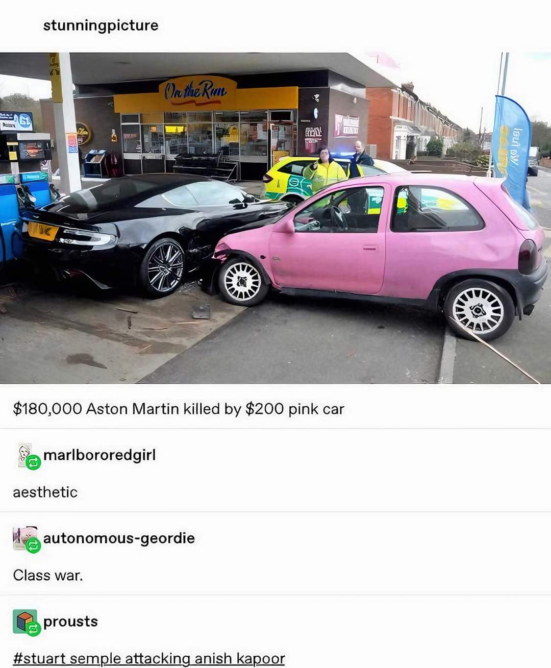 The meme is a satirical commentary on the intersection of wealth and power, using a hyper-specific and absurd scenario to highlight the absurdity of a wealthy person's actions. The image shows a car crash involving a...