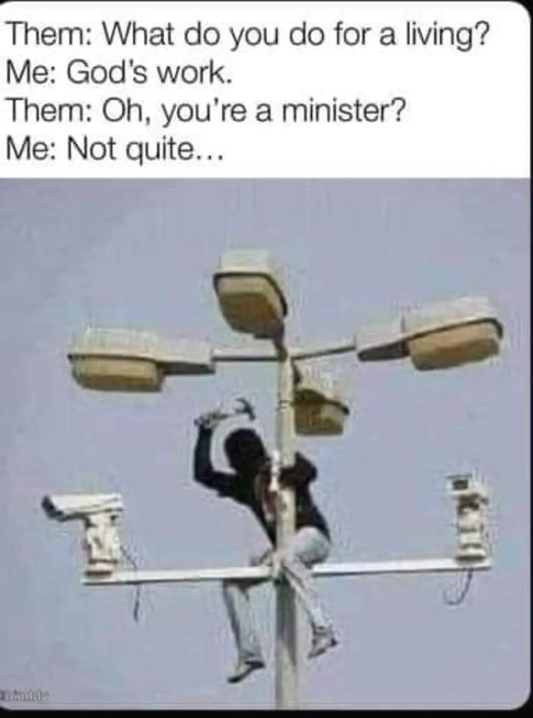 Okay, let's break down this meme using the requested theoretical frameworks. It's a clever piece, so there's quite a bit to unpack! **Visual Description** The image depicts a silhouetted figure, a lineman, precariousl...