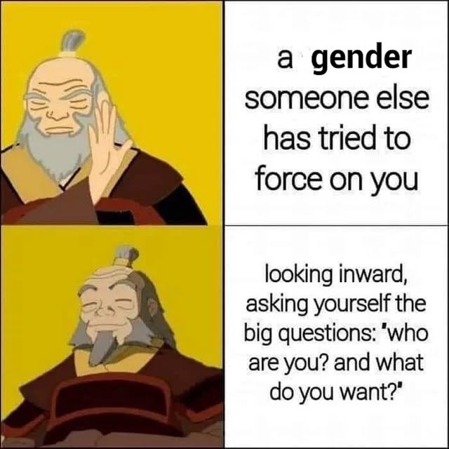This meme visualizes a confrontation with an imposed identity, using the character Toph Beifong to depict the frustration of having a gender forced upon you. The top text, likely quoting the meme's source, illustrates...