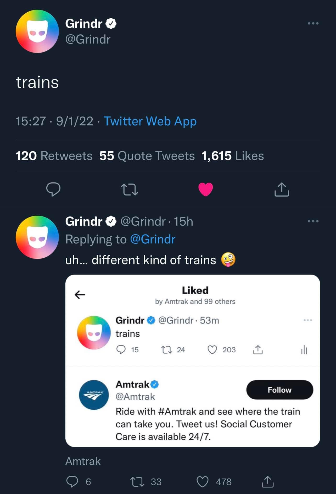 Okay, let's break down this Twitter interaction between Grindr and Amtrak using the requested theoretical lenses. **Please note**: This analysis is speculative and interpretive. Applying complex theory to a short soci...