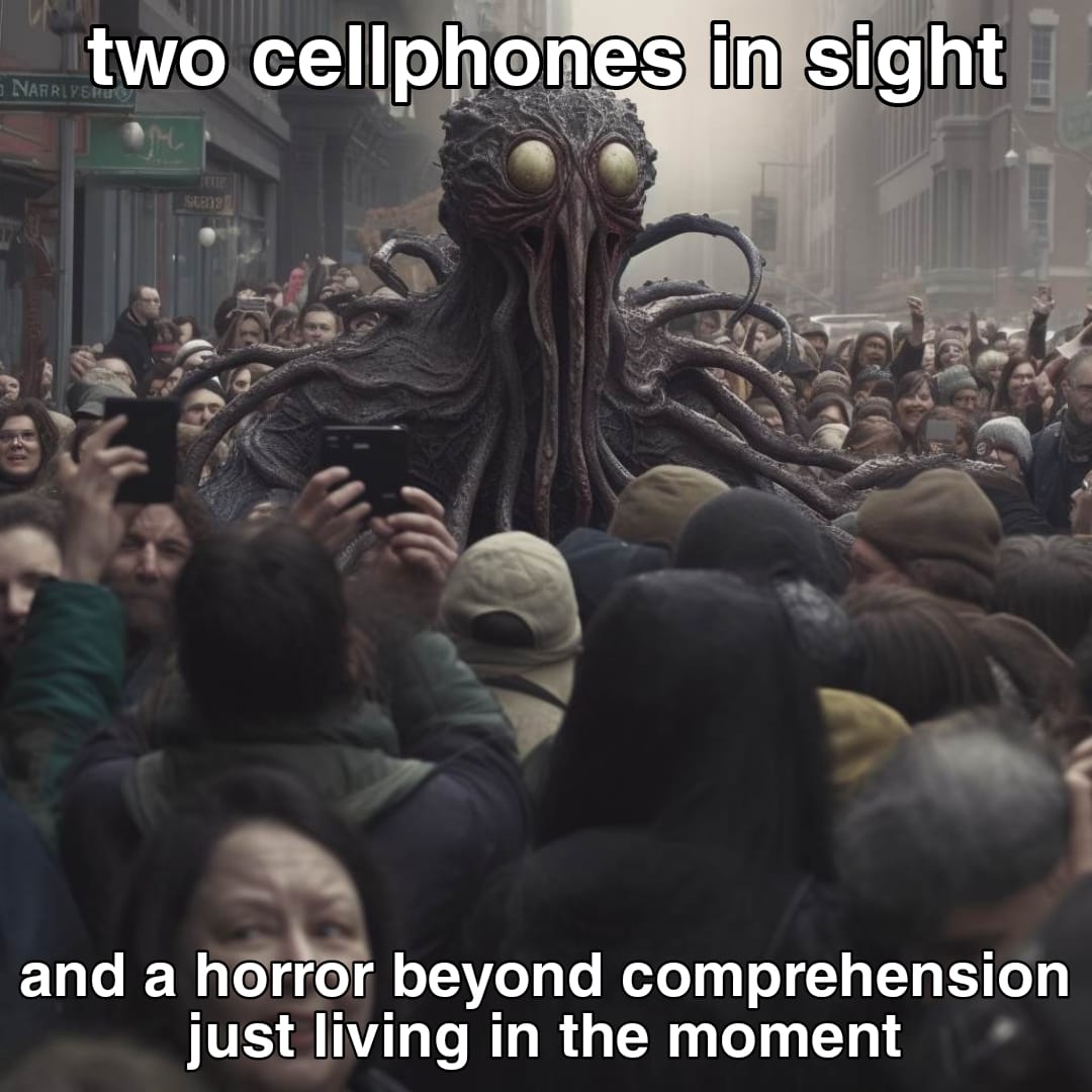 Okay, let's break down the image and its accompanying text ("two cellphones in sight and a horror beyond comprehension just living in the moment") through the lenses you've requested. It's a dense image with a provoca...