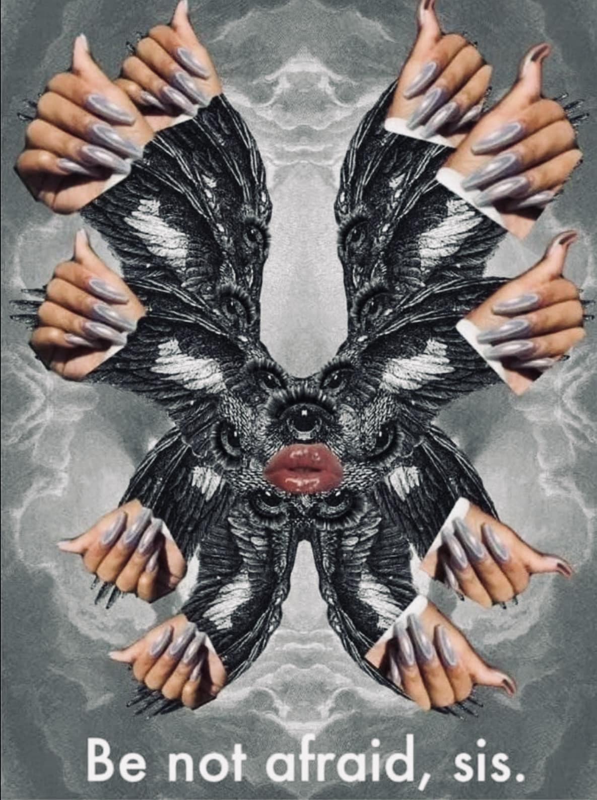 Okay, let's break down this complex and unsettling image using the requested theoretical frameworks. It's a visually powerful piece, and lends itself to multiple interpretations. ## Visual Description The image is a d...