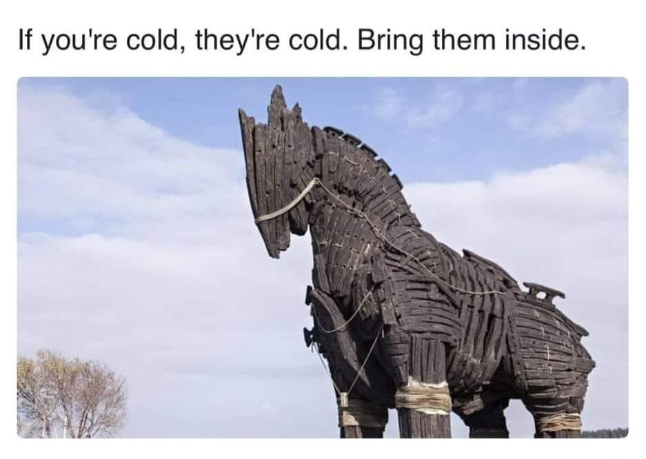 Okay, let's break down this image and its accompanying text ("If you're cold, they're cold. Bring them in.") through several theoretical lenses. **Visual Description** The image depicts a large sculpture of the Trojan...