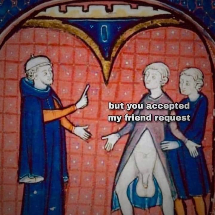 Okay, let's break down this image – a medieval illumination with a modern meme overlay – through several critical lenses. **Visual Description** The image is a reproduction of a medieval manuscript illumination, likel...